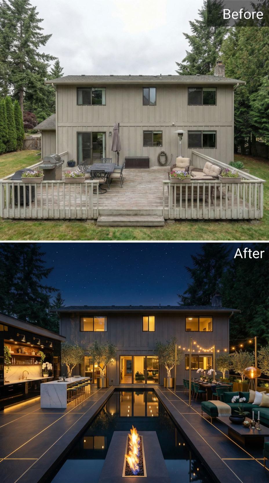 Lap Pool, Linear Fire Feature, and Outdoor Kitchen Displace a Faded Suburban Deck