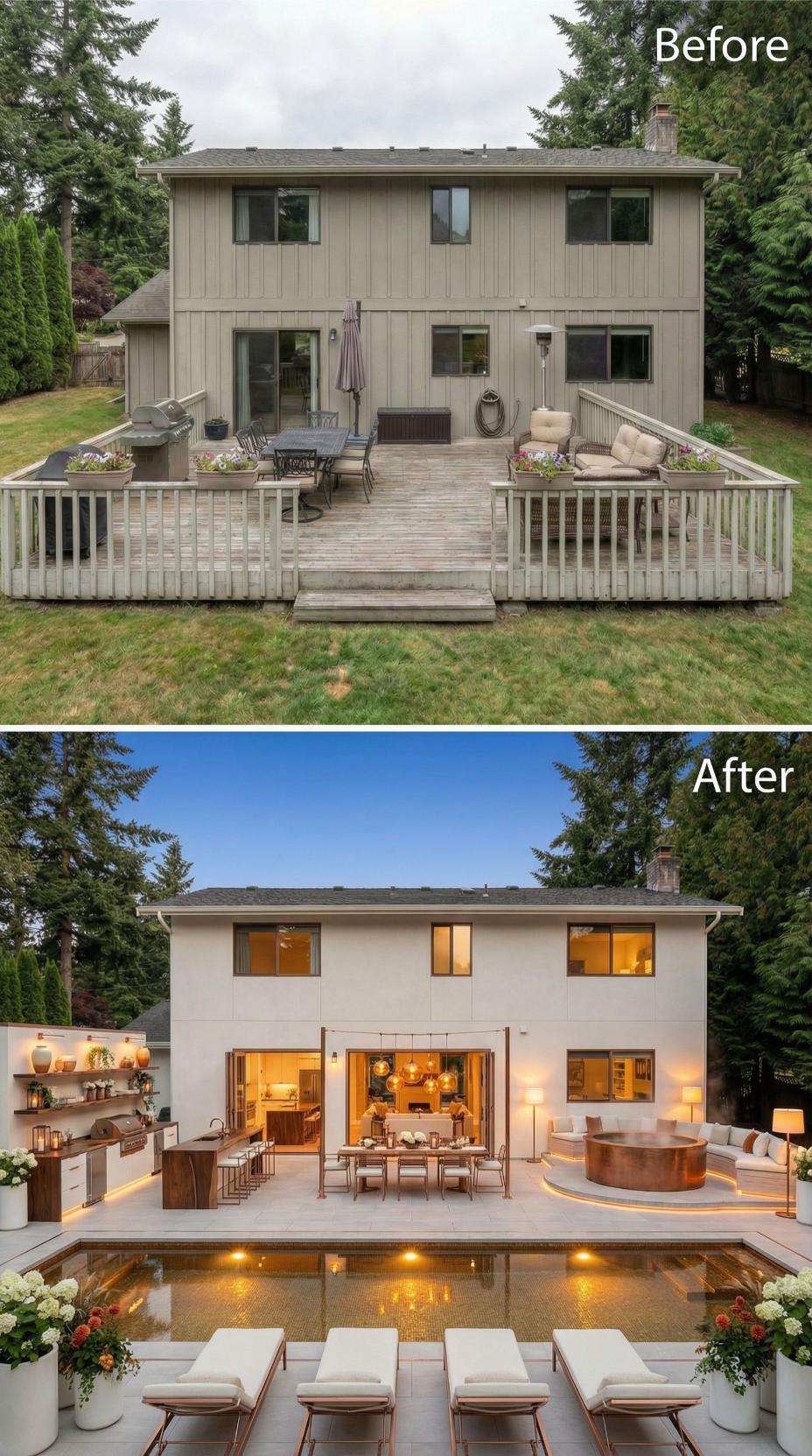 Copper Hot Tub, Pool With Submerged LED Tiles, and an Outdoor Kitchen Displace a Faded Wood Deck