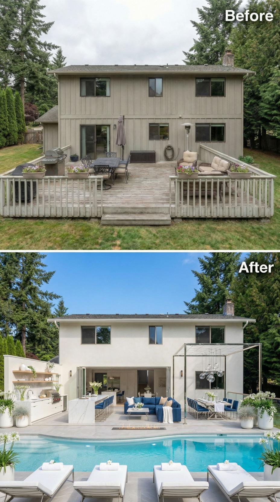 Stucco Exterior, Pergola With Globe Pendants, and a Rectangular Pool Retire a Tired Wooden Deck
