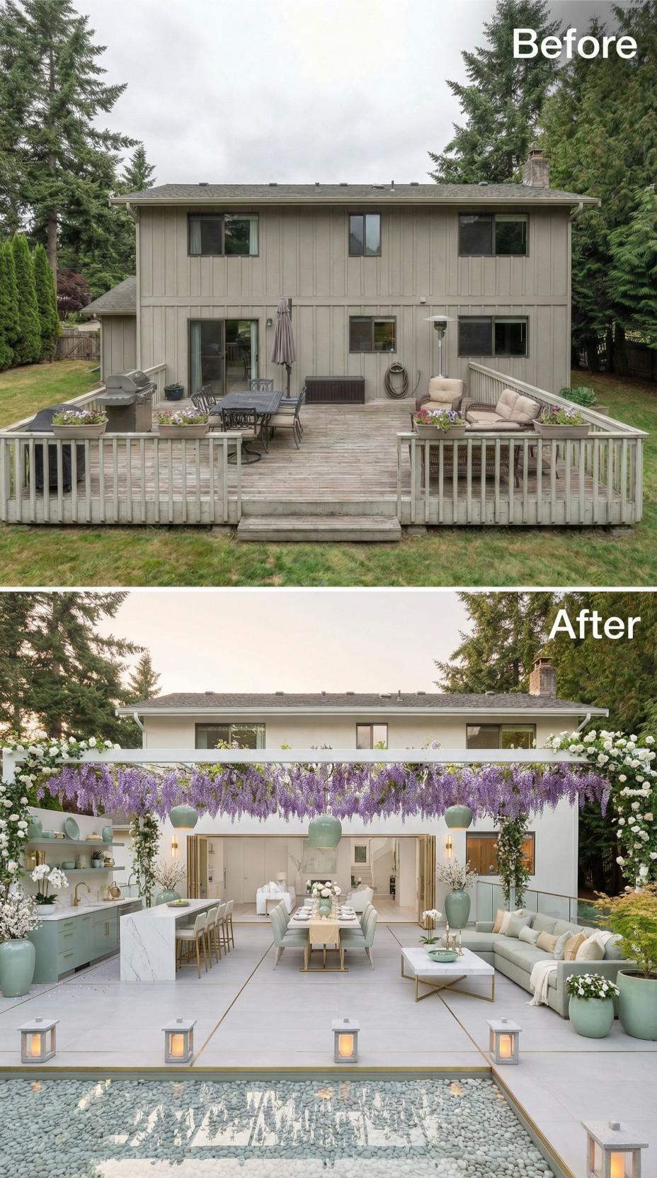 Wisteria Pergola, Marble Island, and Sage Outdoor Kitchen Displace a Faded Wood Deck