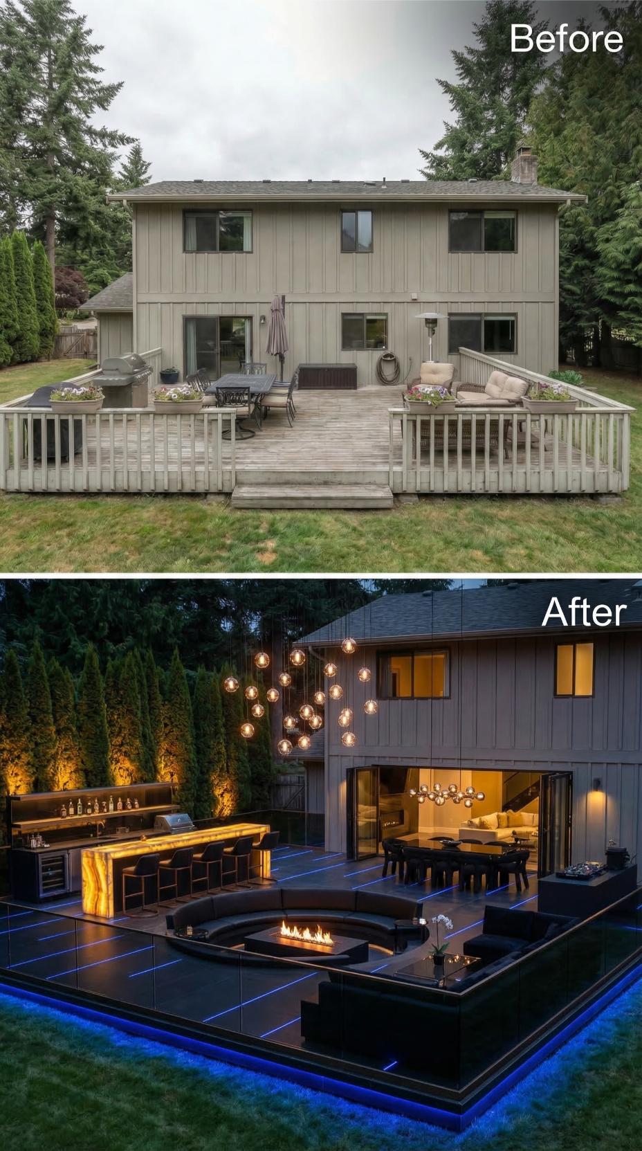 Weathered Backyard Deck Rebuilt Around Onyx Bar, Fire Pit, and LED Platform