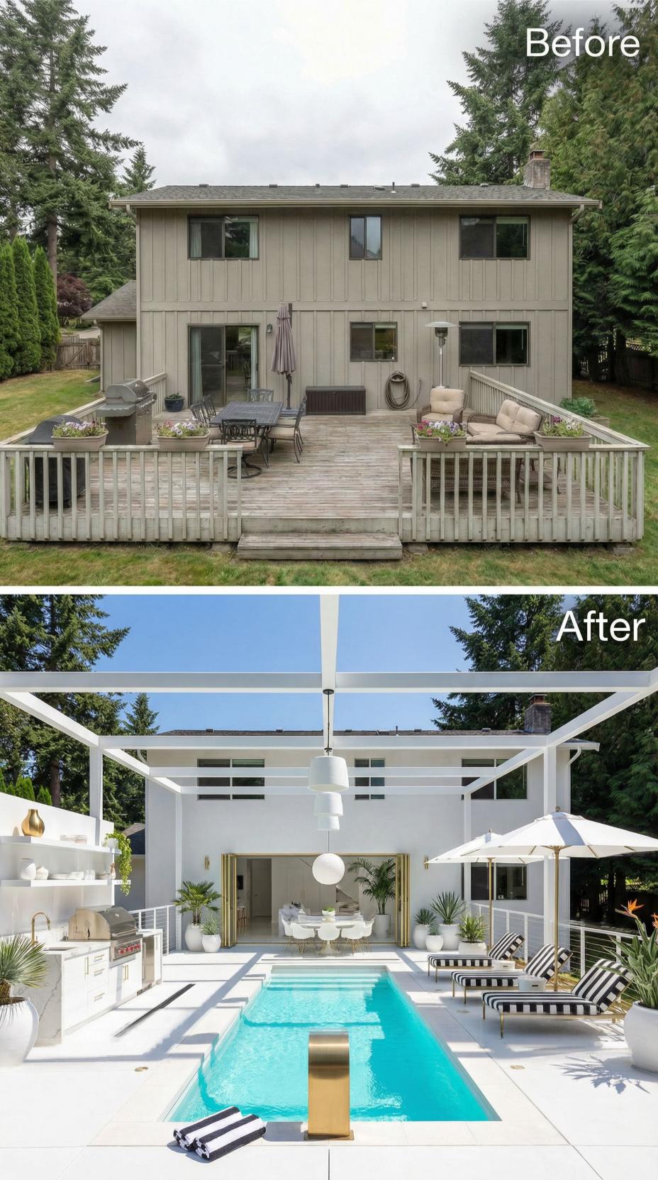 Brass Scupper Jets, a Lap Pool, and Black-Striped Loungers Erase a Faded Timber Deck