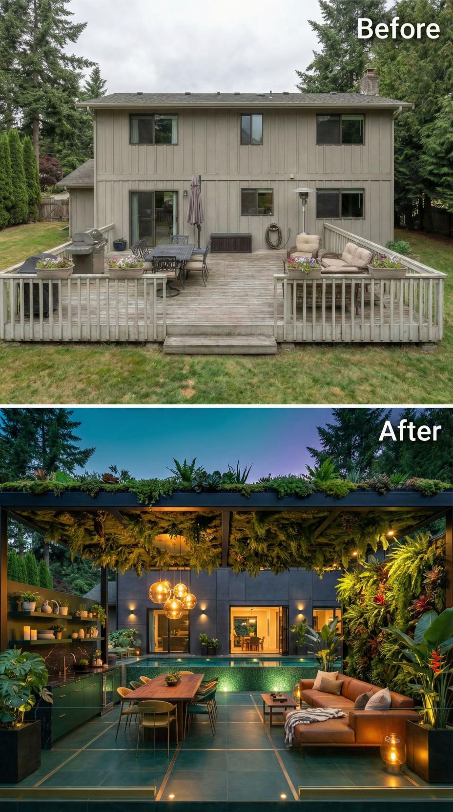 Ferns, Globe Pendants, and a Teal Pool Tile Courtyard Erase a Worn Wood Deck