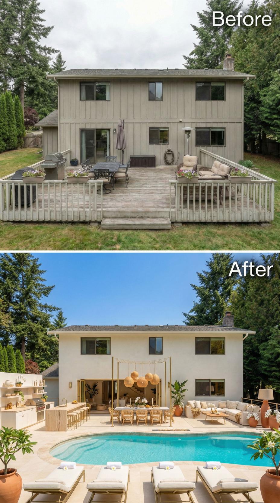 Kidney Pool, Rattan Dining Set, and Stucco Exterior Replace a Weathered Wood Deck
