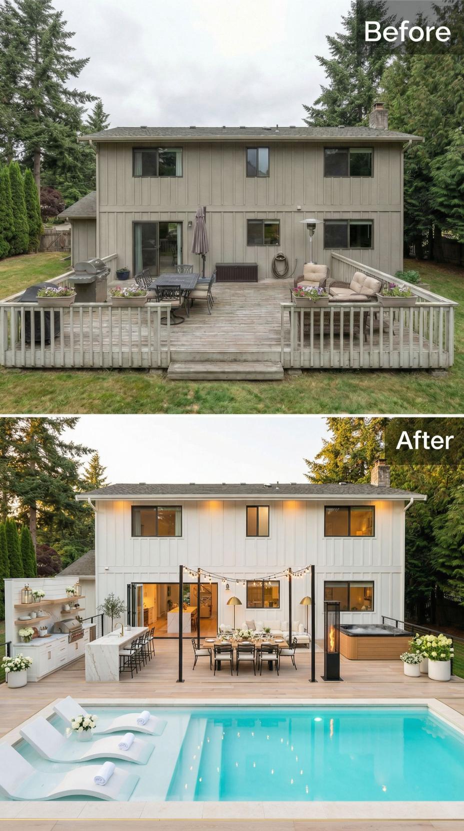 Bleached Hardwood Decking, Hot Tub Surround, and a Pool With Tanning Ledge Bury a Tired Gray Deck
