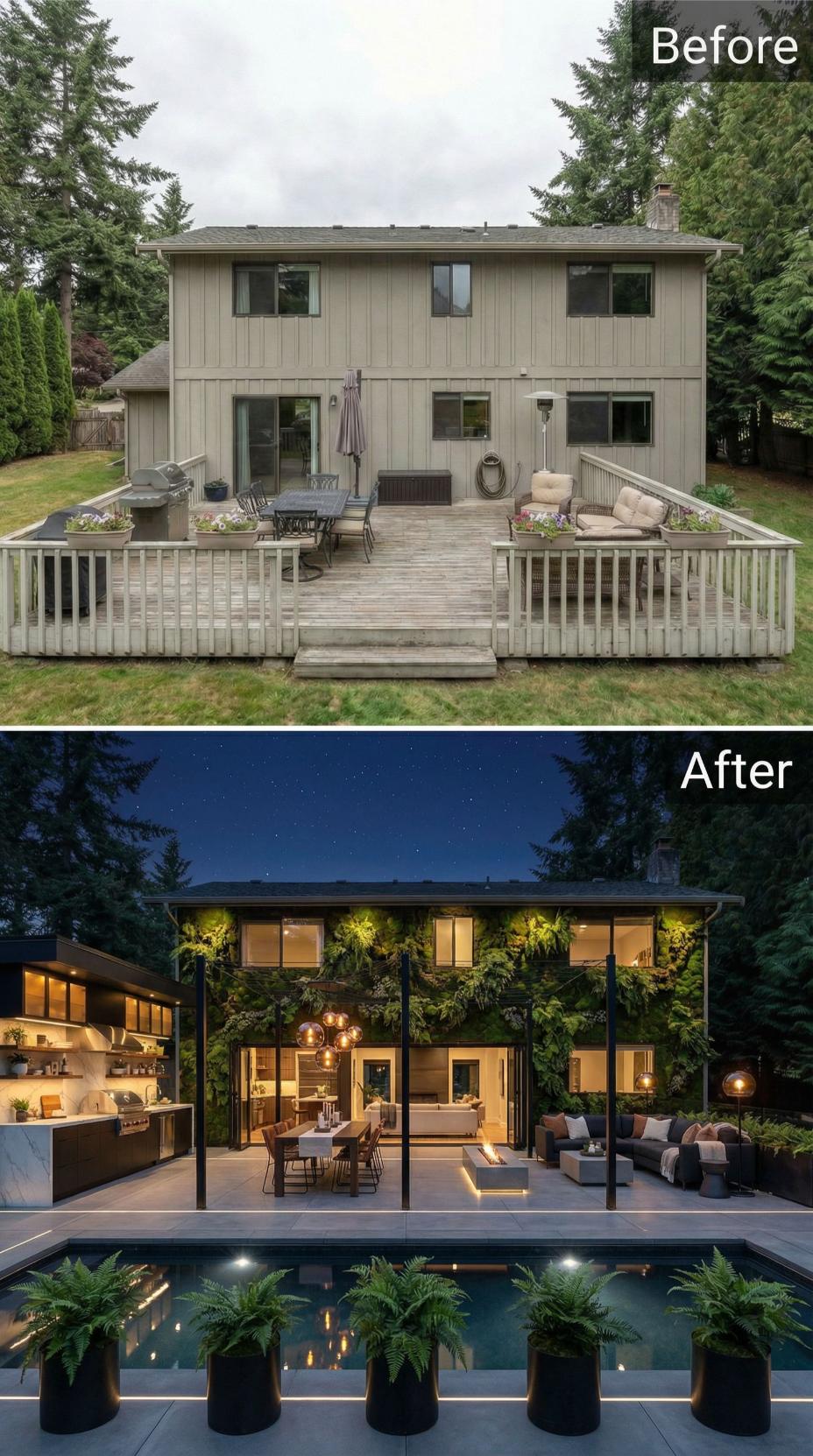 Living Wall Facade, Globe Pendants, and a Lap Pool Retire a Worn Suburban Deck