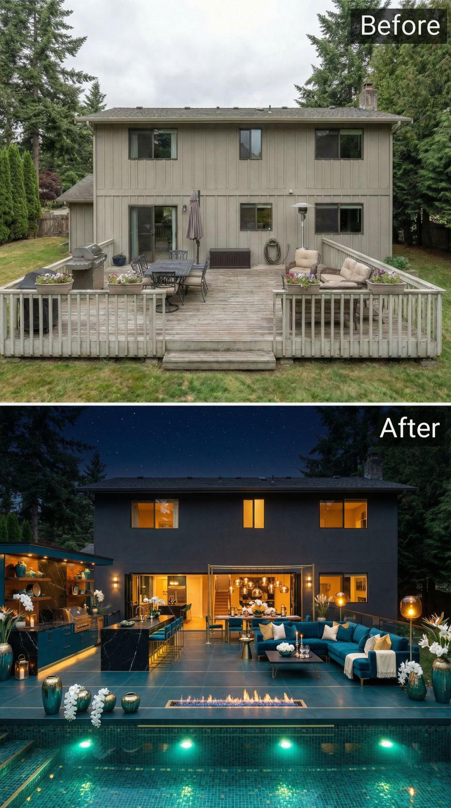 Teal Cabinetry, a Submerged Fire Table, and a Pool With LED Tiles Retire a Weathered Wood Deck