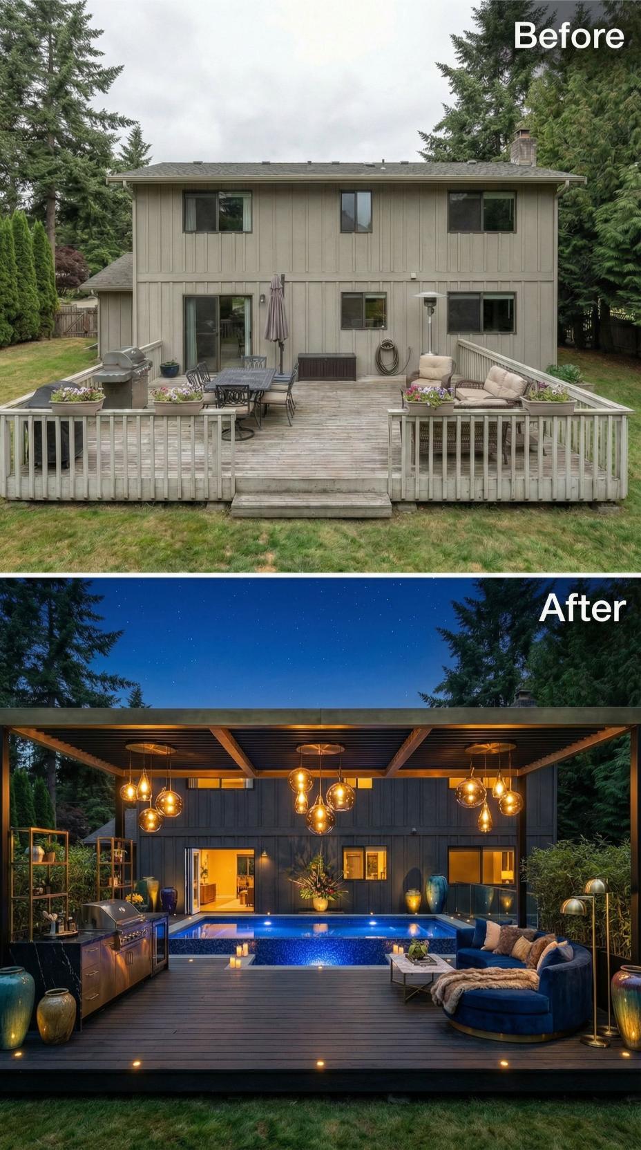 Globes, a Plunge Pool With Blue Mosaic Tile, and Dark Cladding Displace a Faded Suburban Deck