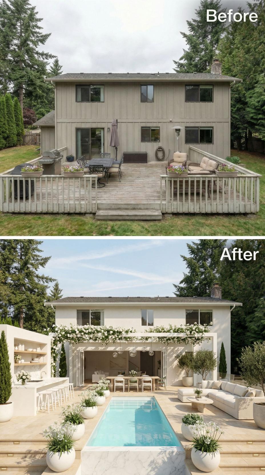 White Stucco, a Climbing Rose Pergola, and Lap Pool Bury a Weathered Timber Deck