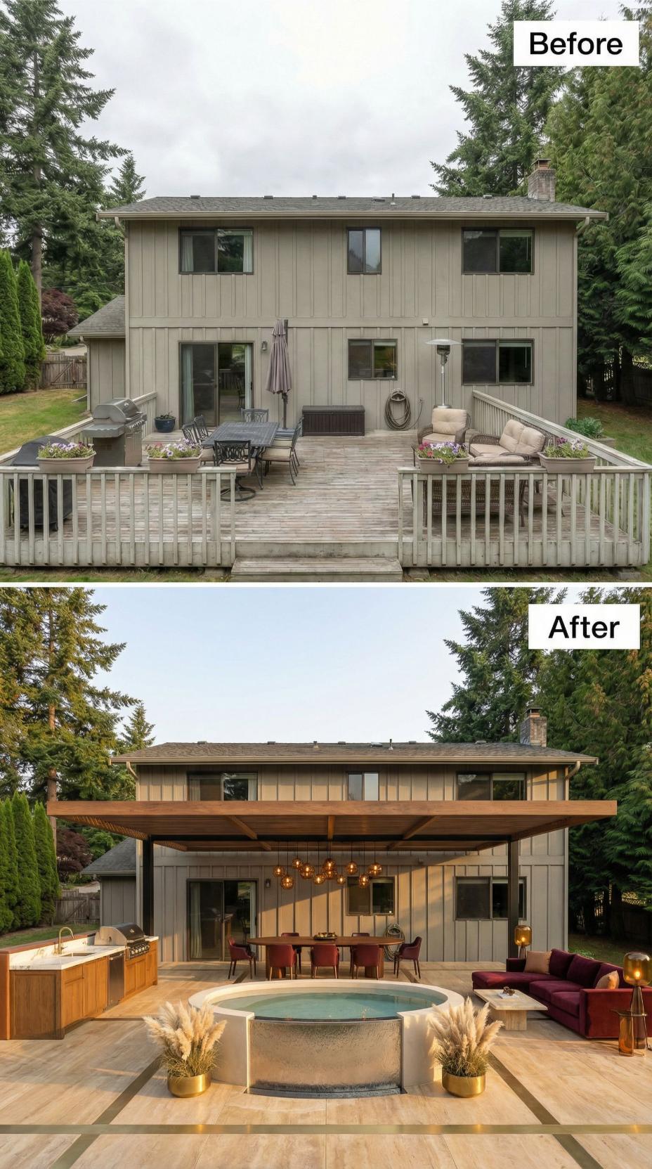 Cedar Pergola, Raised Concrete Spa, and Velvet Seating Retire a Weathered Suburban Deck
