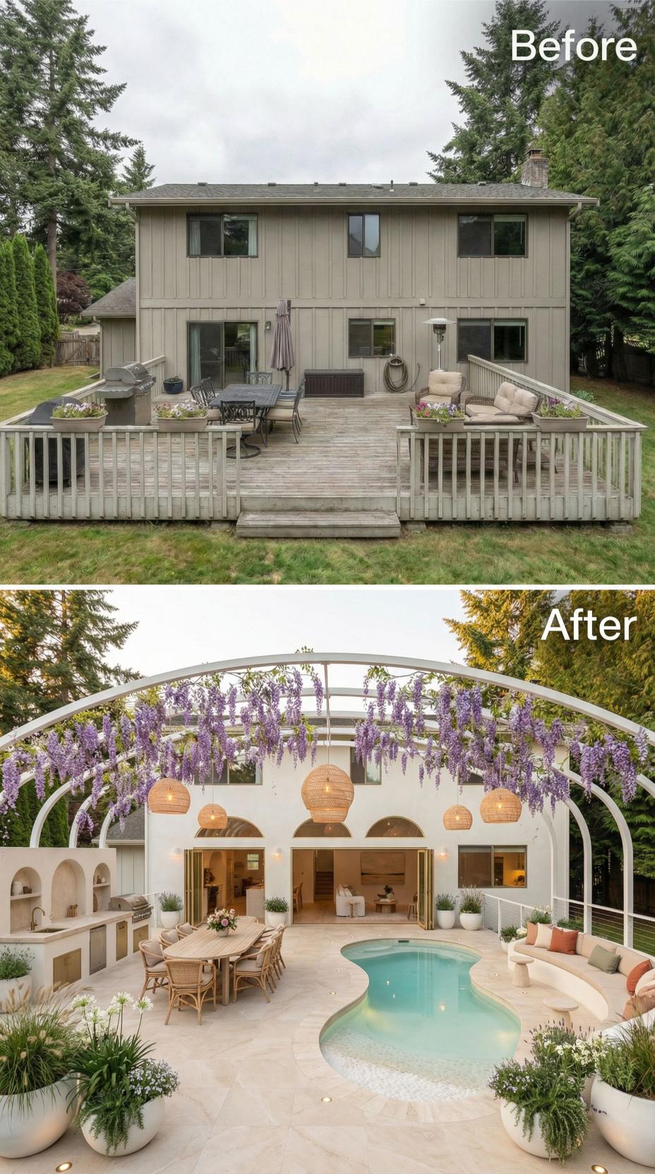 Wisteria-Draped Arch, Kidney Pool, and Rattan Dining Set Close Out a Faded Timber Deck