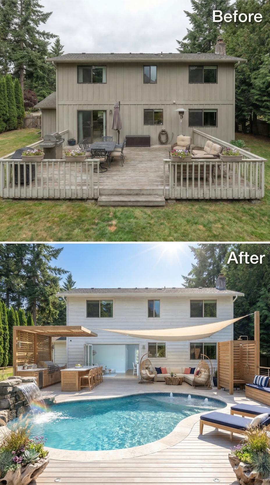 Weathered Deck Boards Out, Kidney Pool and Teak Outdoor Kitchen In