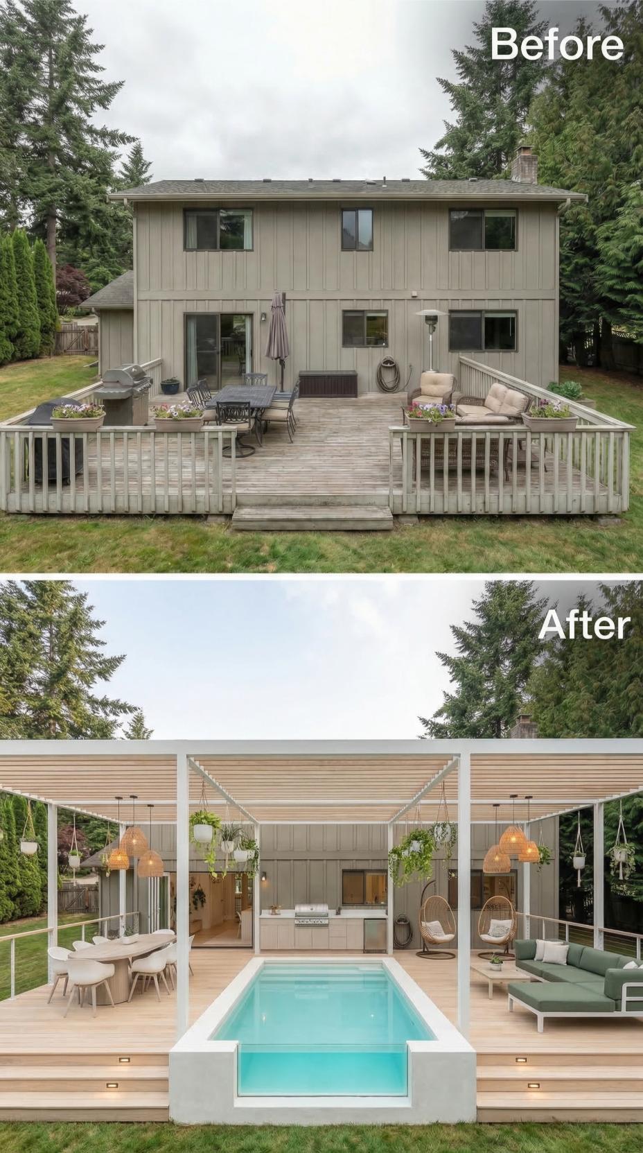 Dated Deck Boards Replaced by a Slatted Pergola, Plunge Pool, and Outdoor Kitchen