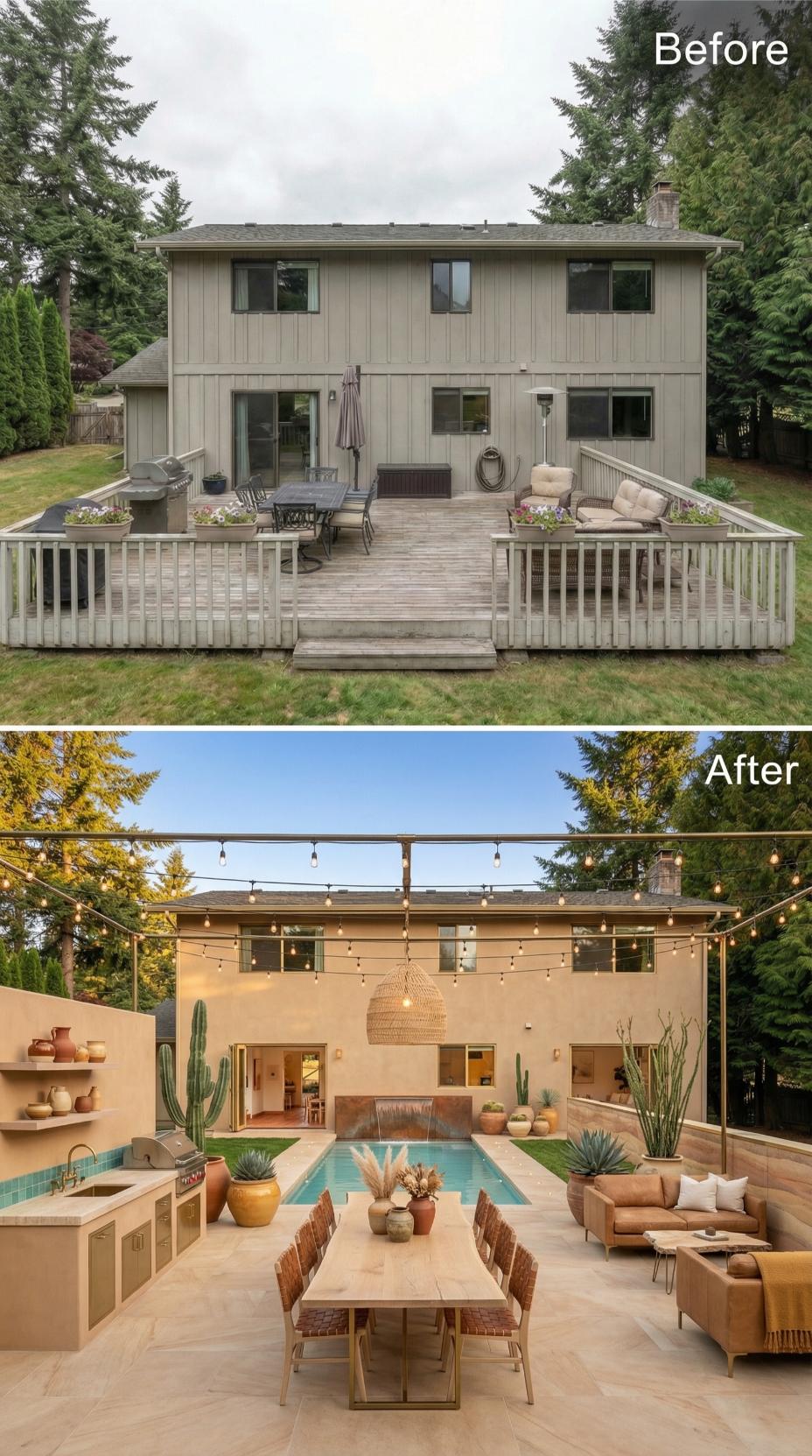 Stucco Walls, a Lap Pool, and String Lights Replace a Weathered Suburban Deck