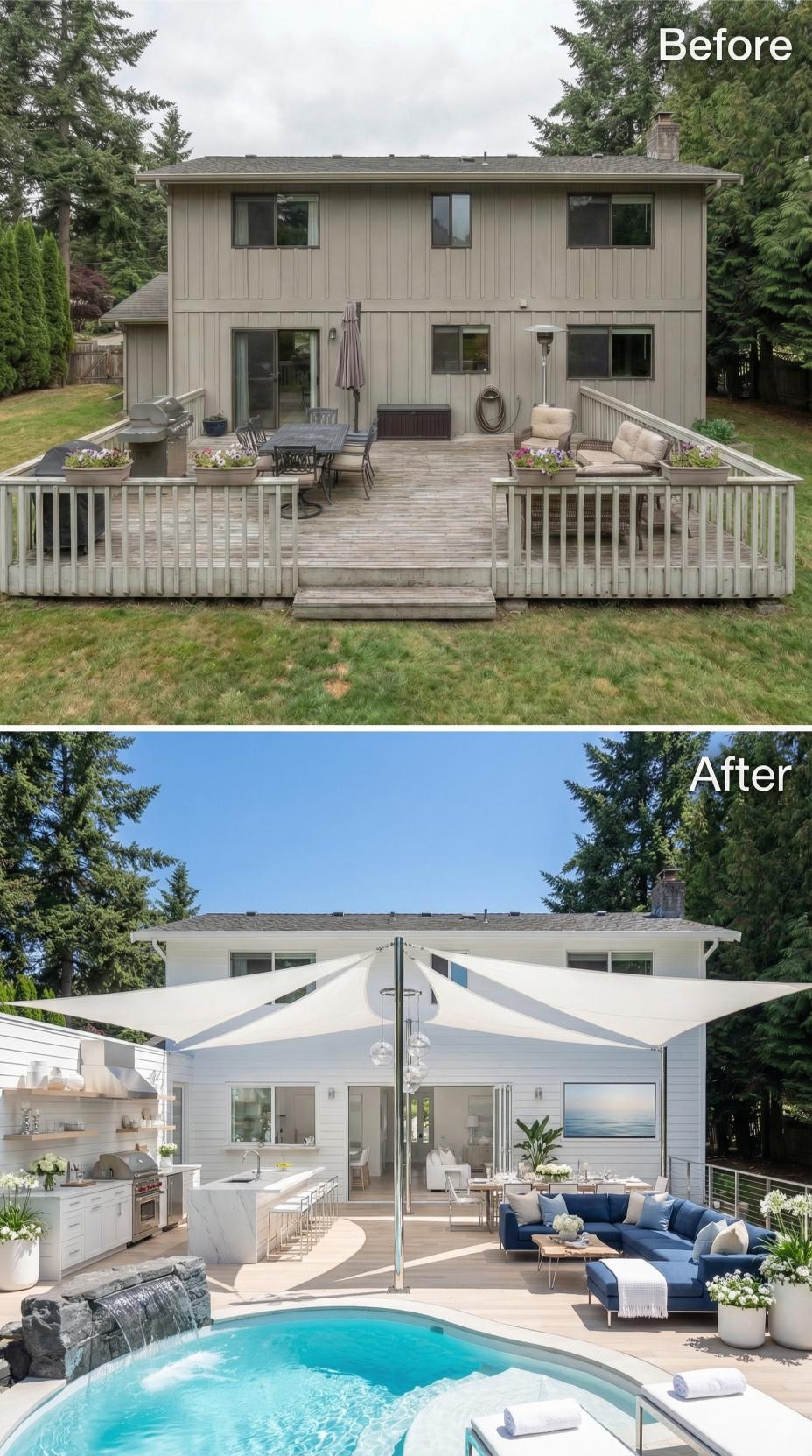 Sail Shade Canopies, a Pool Waterfall, and White Outdoor Kitchen Replace Worn Timber Deck