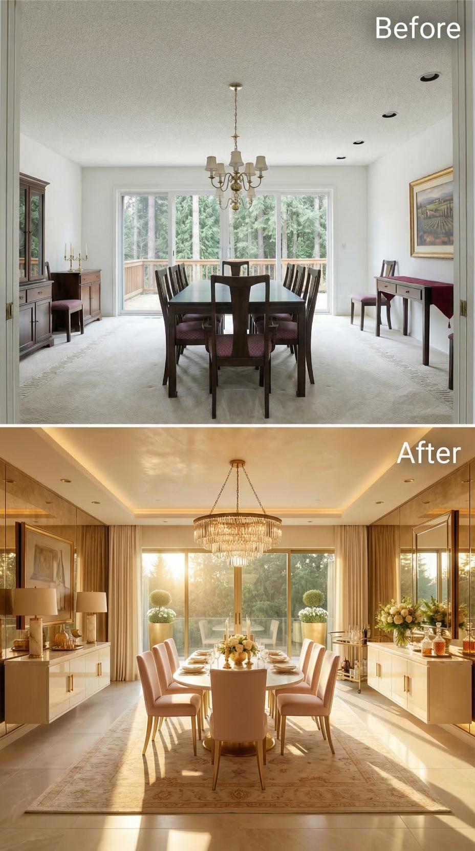 Crystal Tiered Chandelier and Blush Velvet Chairs Replace Popcorn Ceiling and Dark Wood Set