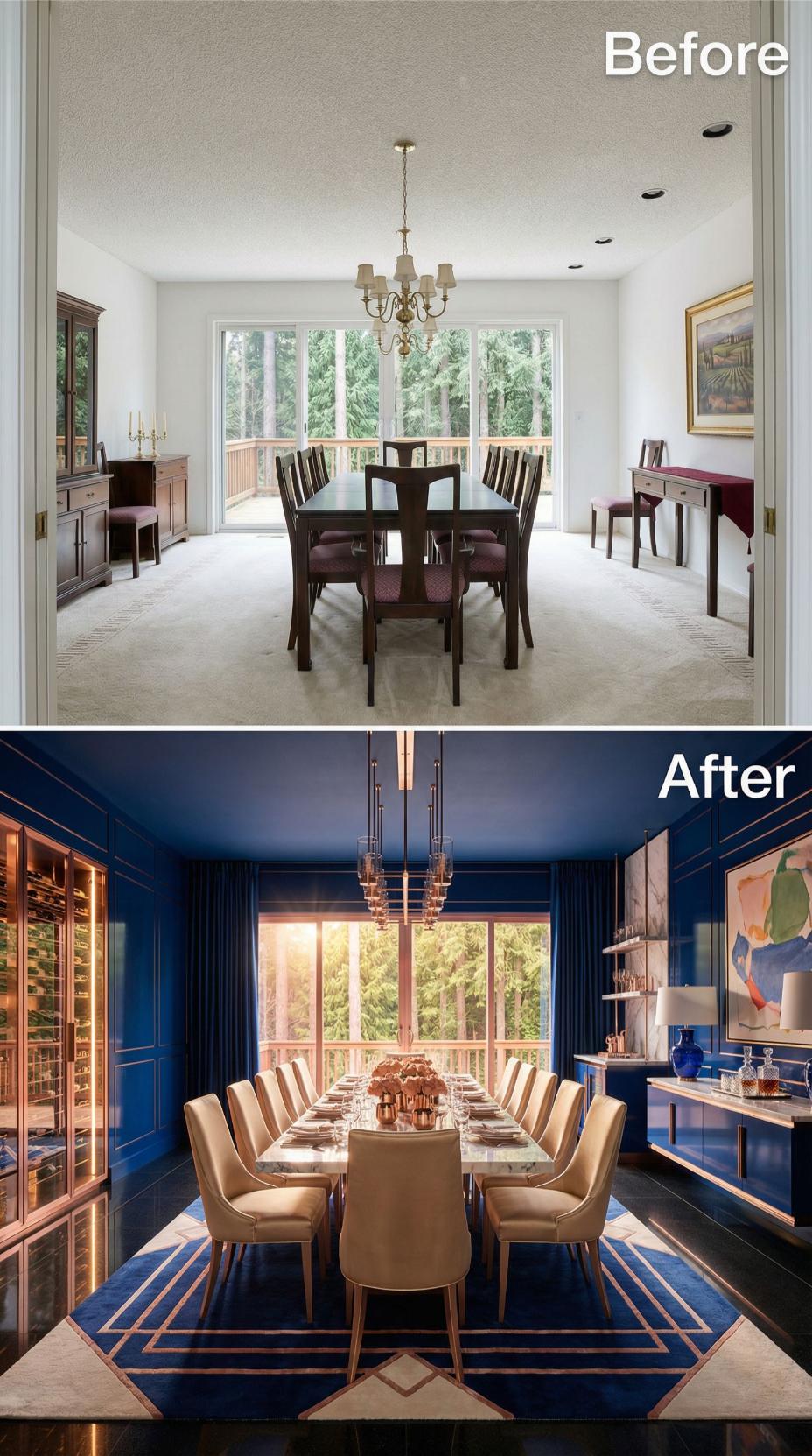 Cobalt Lacquer Walls and a Rose Gold Pendant Cluster Retire Popcorn Ceilings and a Colonial Set