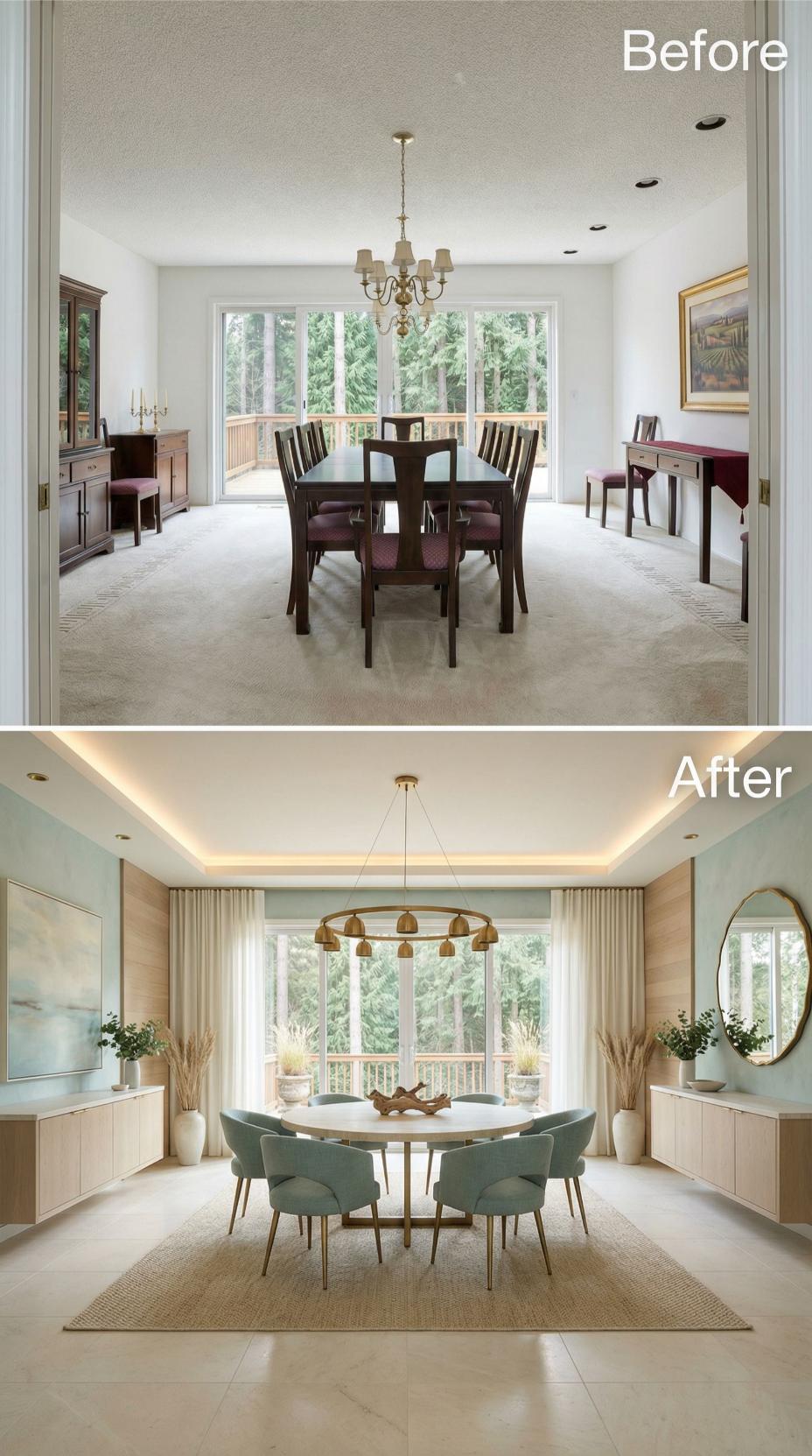 Sage Walls, Cove Lighting, and a Brass Ring Pendant Replace Carpet and a Colonial Chandelier