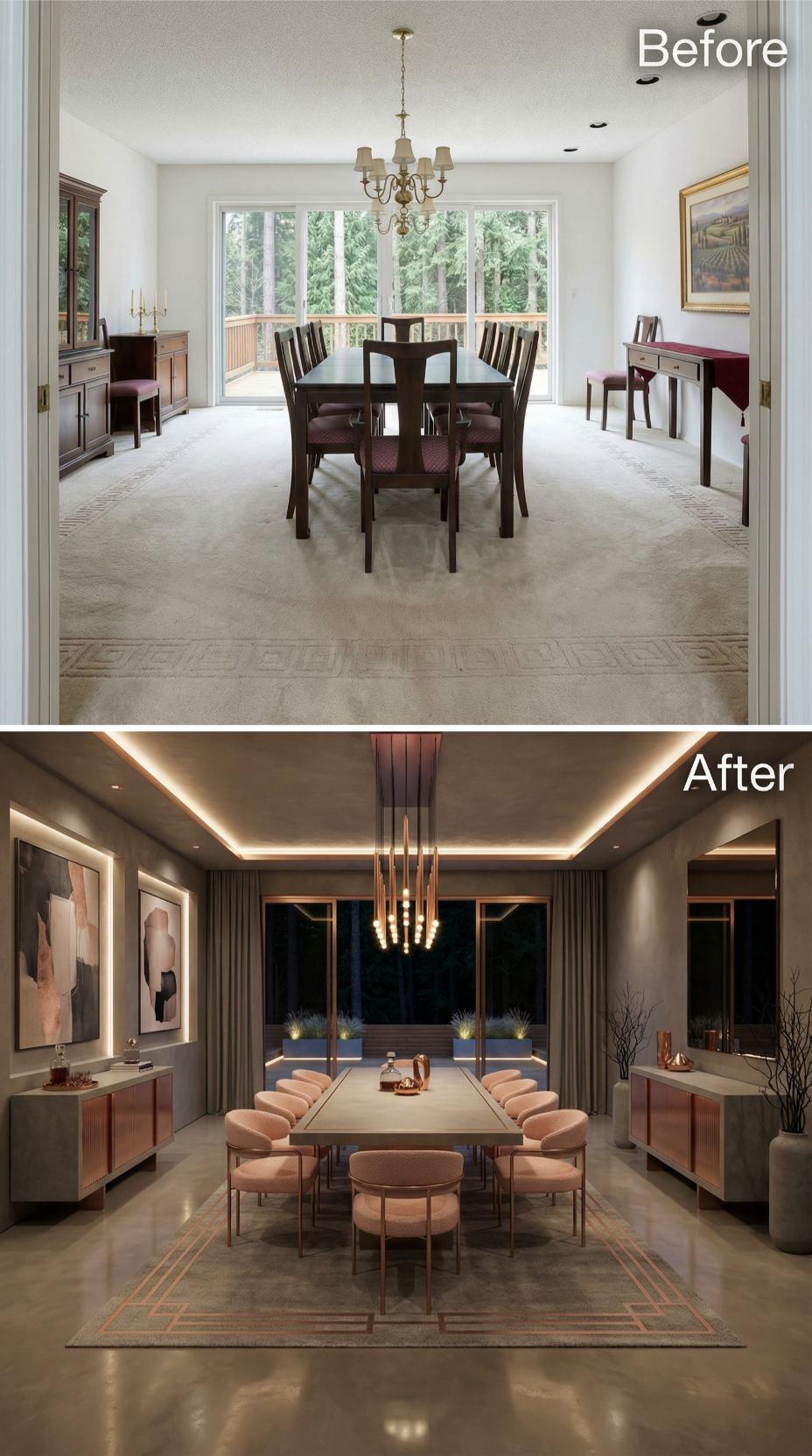 Cove Lighting, Blush Bouclé Chairs, and a Copper Pendant Cluster Displace Carpet and a Brass Chandelier