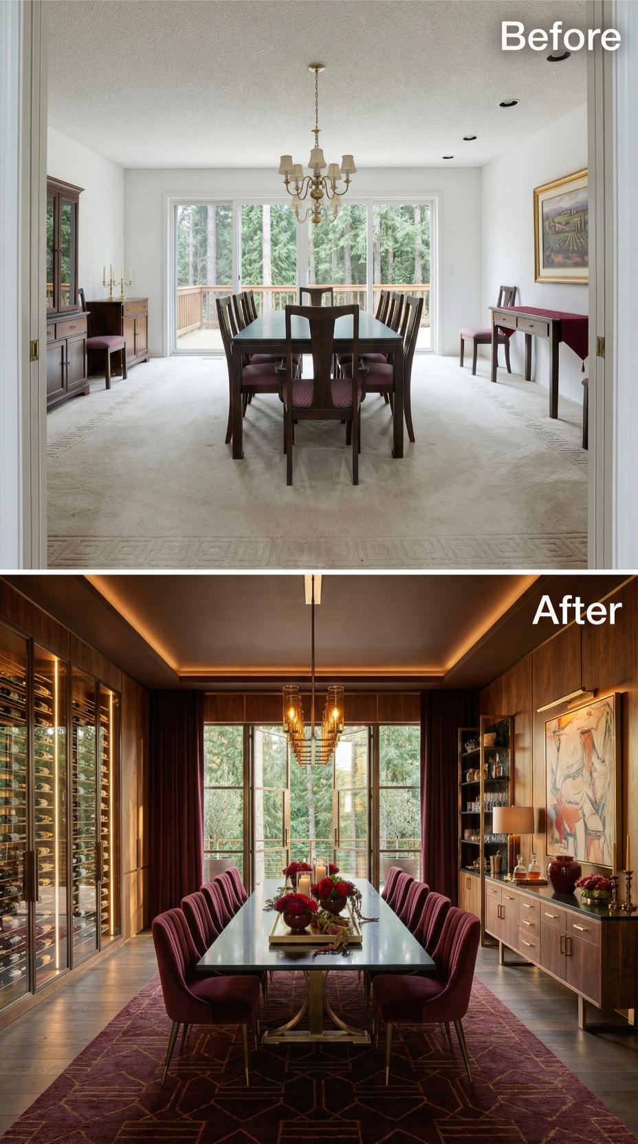 Walnut Wall Panels, Cove Lighting, and a Brass Pendant Cluster Displace Carpet and a Colonial Set