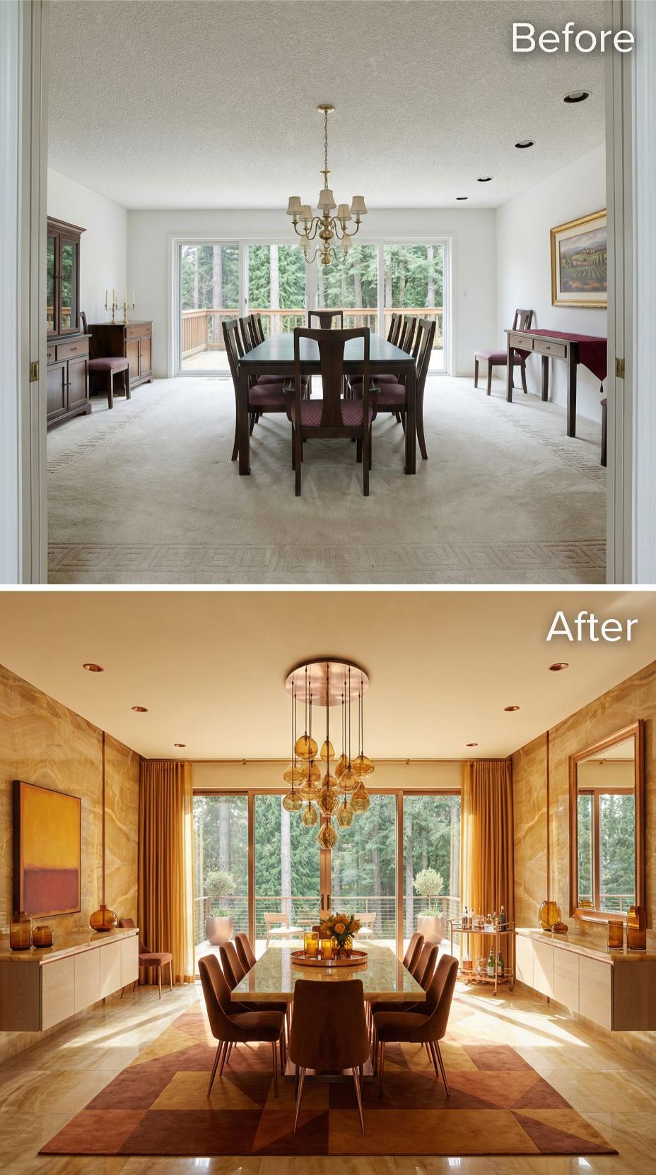 Onyx Wall Panels, Amber Globe Clusters, and Velvet Chairs Retire Beige Carpet and a Brass Chandelier