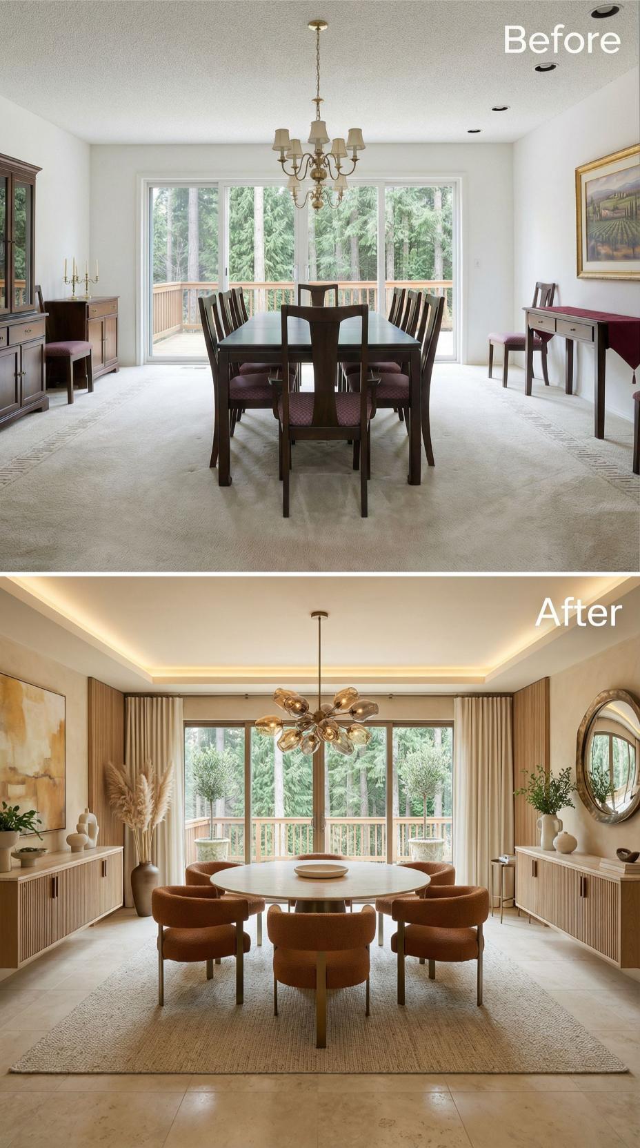 Cove Lighting and Amber Glass Pendants Retire Beige Carpet and a Colonial Rectangular Set