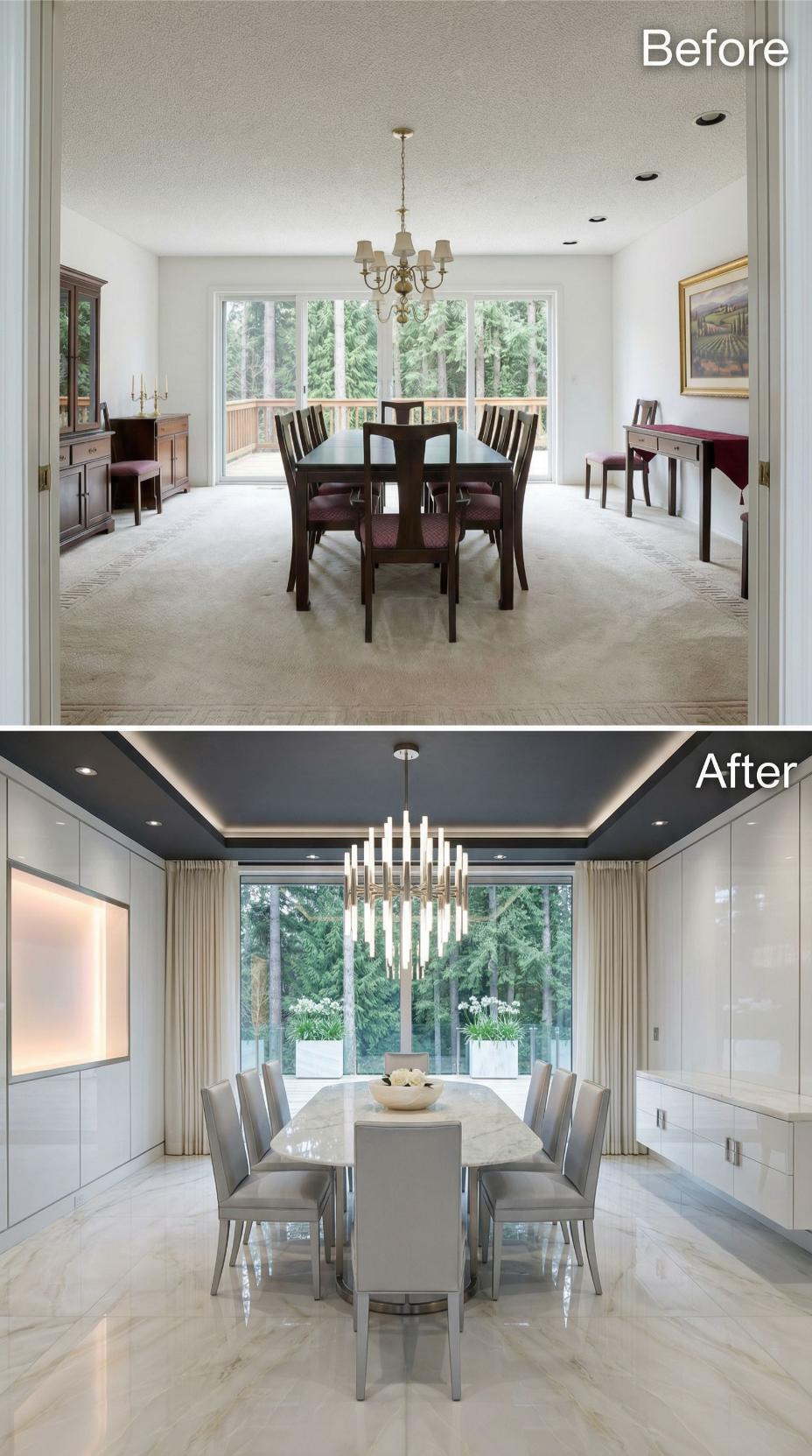 Marble Floors, a Tray Ceiling, and a Candle-Column Chandelier Displace Carpet and a Brass Fixture