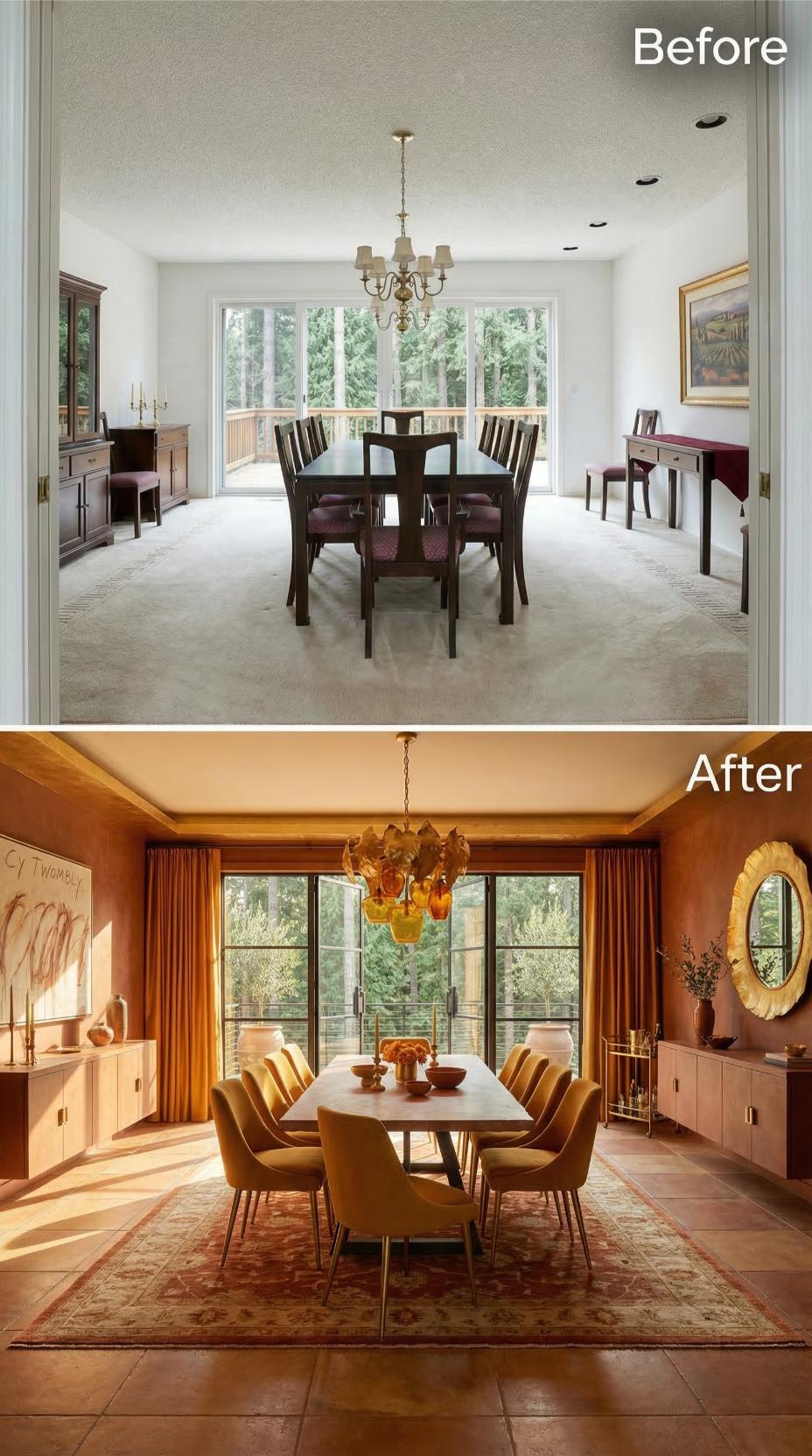 Terracotta Plaster Walls and an Amber Glass Chandelier Displace Carpet and a Brass Fixture