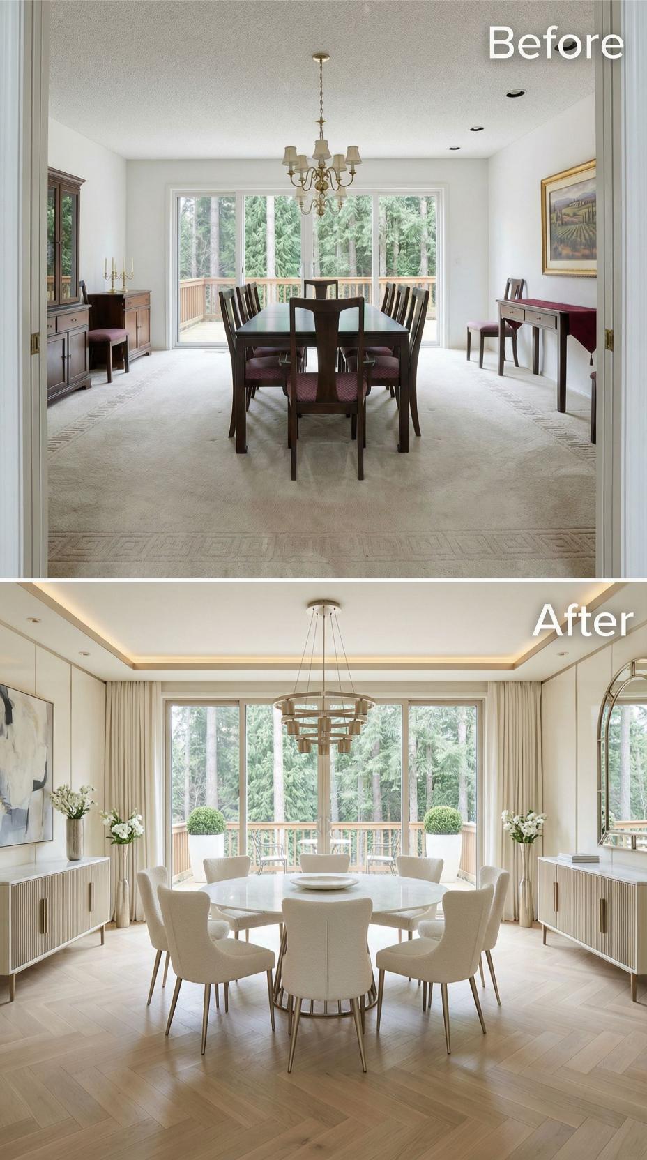 Cove Lighting and a Tiered Brass Pendant Replace Dark Colonial Wood and Beige Carpet