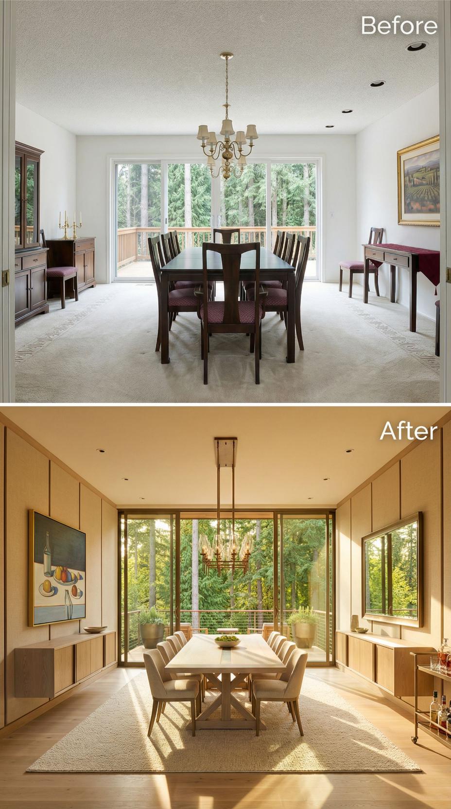 Rift-Cut Oak Panels and a Brass Linear Pendant Retire Brass Candles and Beige Carpet