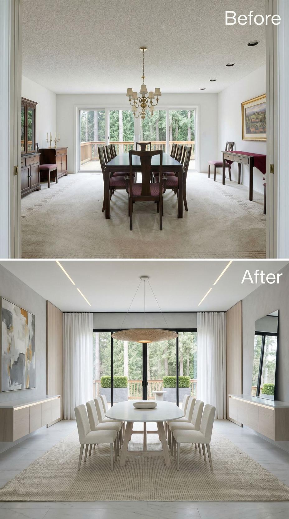 Linen Curtains, a Woven Pendant, and Built-In Credenzas Retire Dark Colonial Wood and Beige Carpet