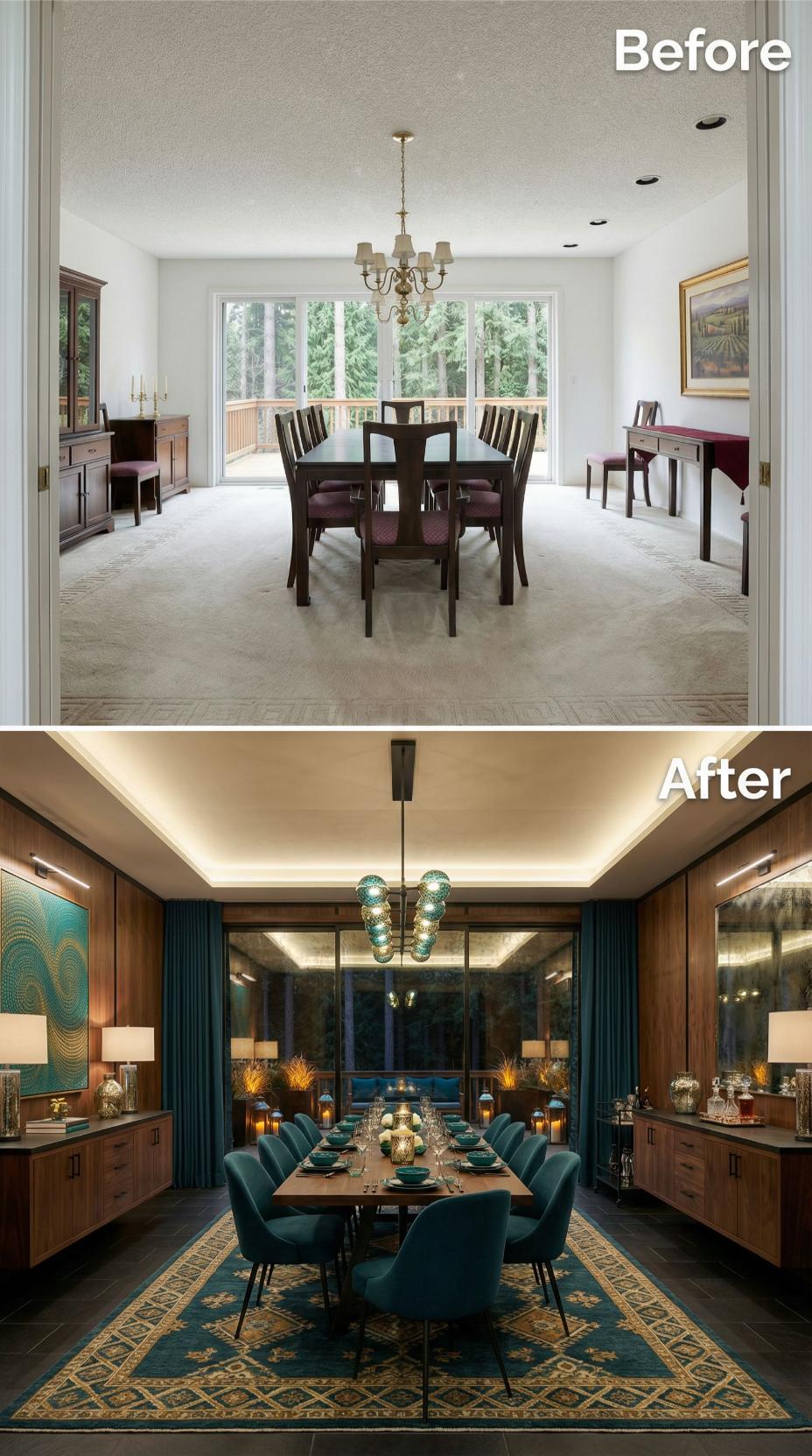 Teal Velvet Chairs, a Tray Ceiling, and Globe Pendants Retire Beige Carpet and a Brass Chandelier