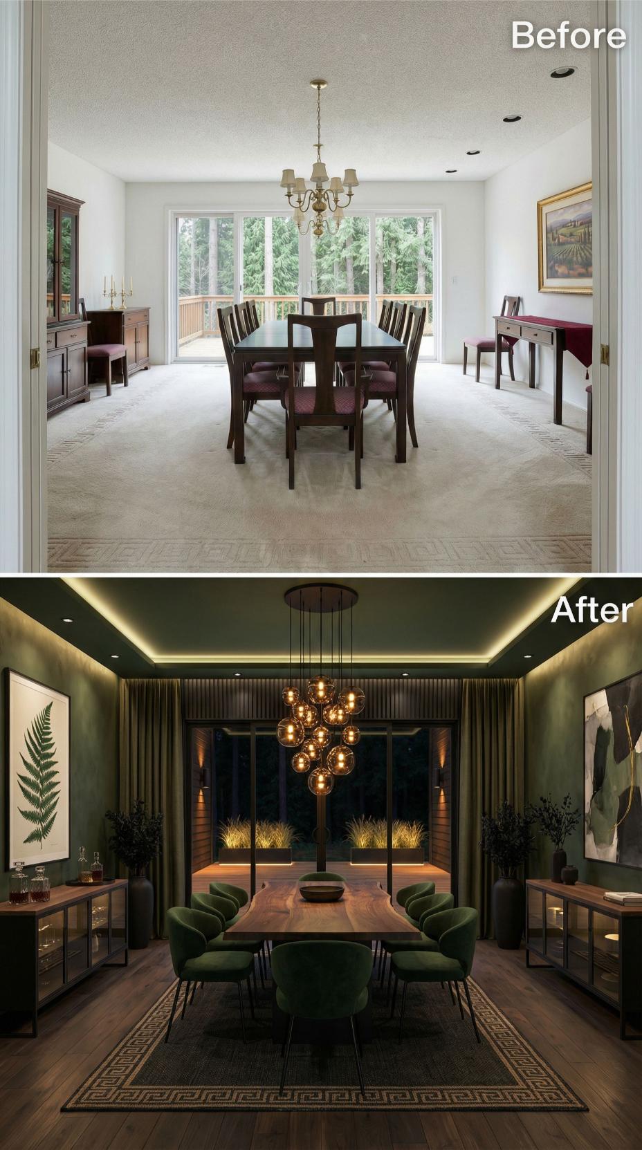 Dark Olive Walls, Globe Pendant Clusters, and Velvet Chairs Swap Out Beige Carpet and a Brass Chandelier