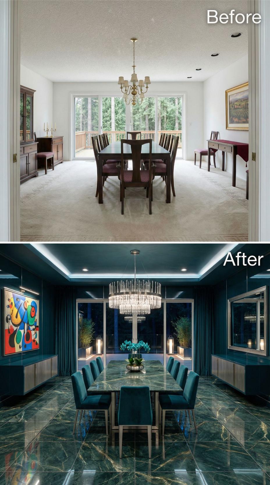 Teal Lacquered Walls, Green Marble Floors, and a Crystal Chandelier Erase Beige Carpet and Colonial Wood