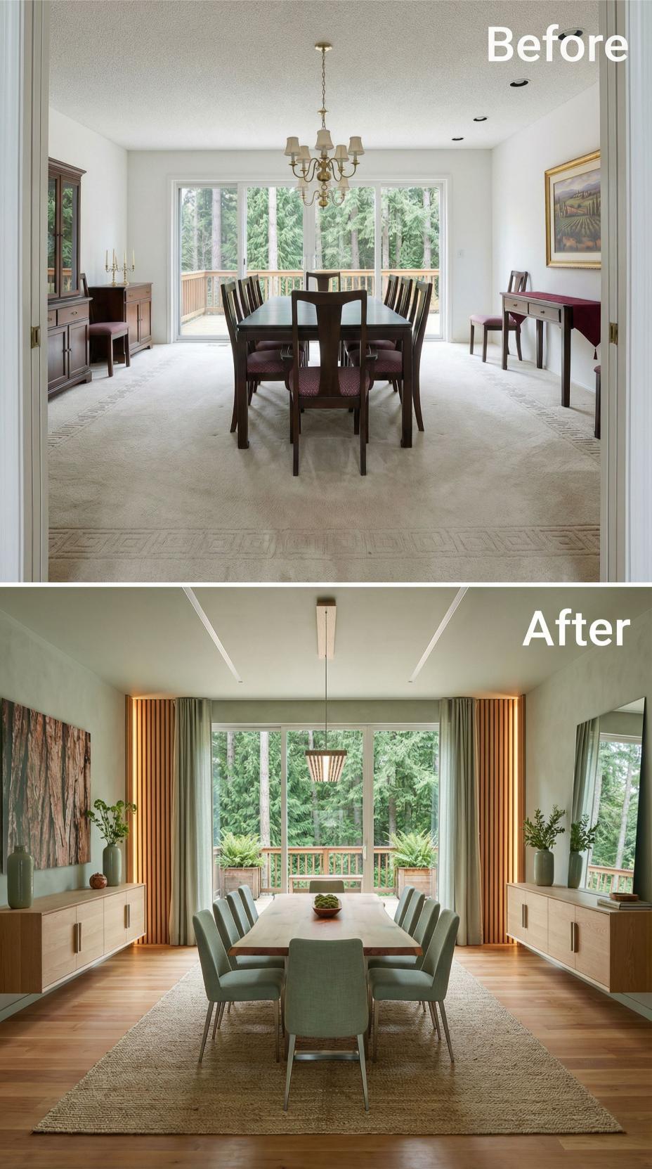 Sage Walls, Backlit Slat Panels, and a Linear Pendant Displace Carpet and a Brass Chandelier