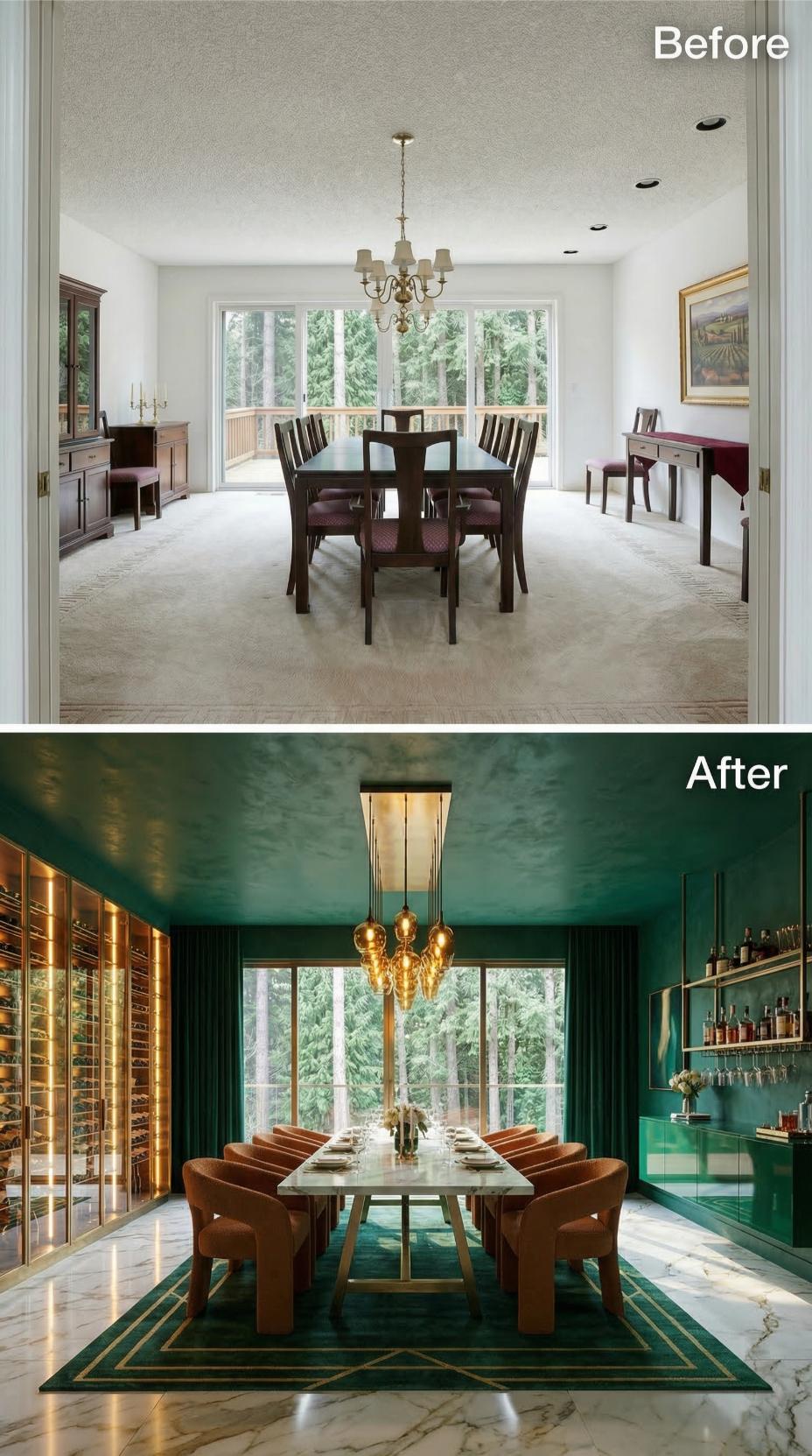 Emerald Lacquer Walls and a Gold Pendant Cluster Replace Carpet and a Dated Colonial Set