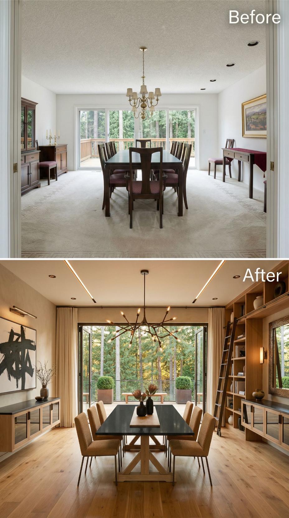 Branching Black Pendants and White Oak Floors Displace Beige Carpet and a Brass Chandelier