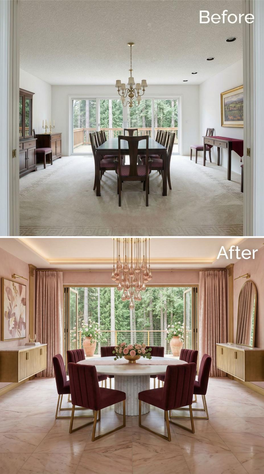 Blush Walls, Pendant Drops, and Velvet Chairs Retire Carpet and a Brass Chandelier