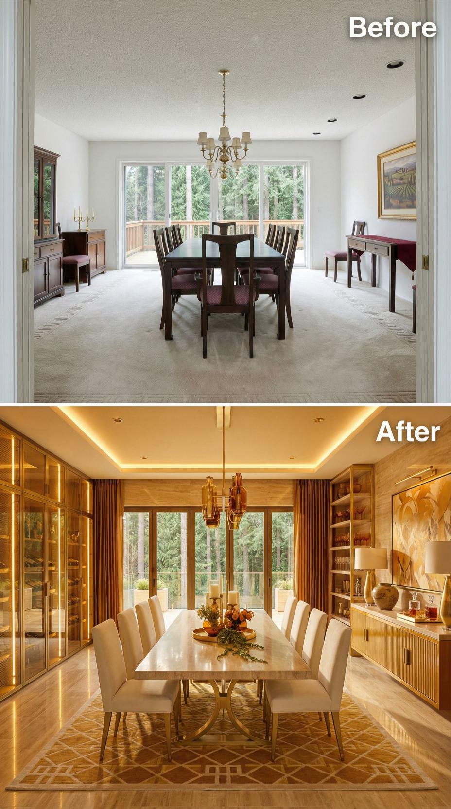Gold Cove Lighting, a Marble Slab Table, and a Geometric Rug Close Out Beige Carpet and Dark Wood