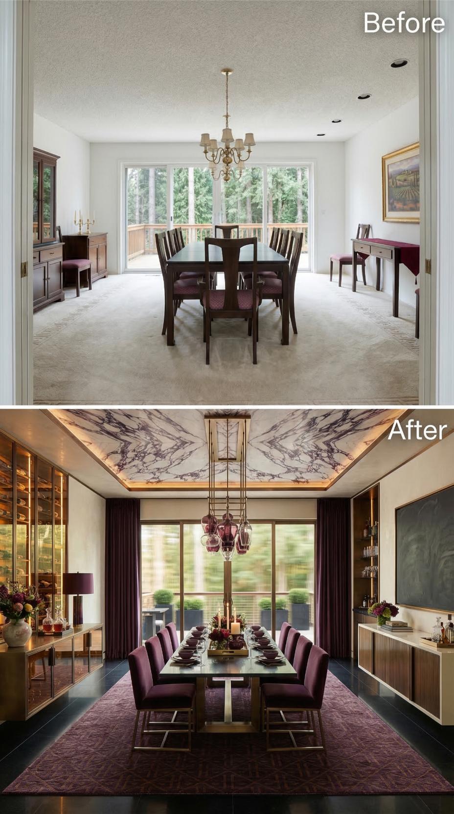 Marble Ceiling Inset and Plum Velvet Chairs Replace Beige Carpet and Brass Chandelier
