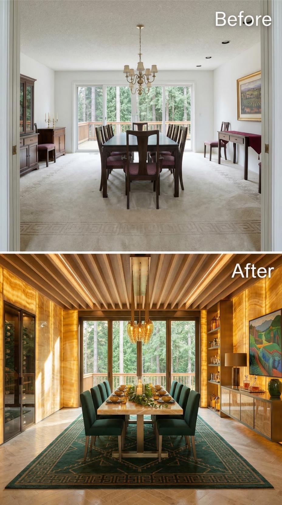 Bookmatched Onyx Walls and Cedar Ceiling Slats Swap Out Beige Carpet and a Basic Chandelier