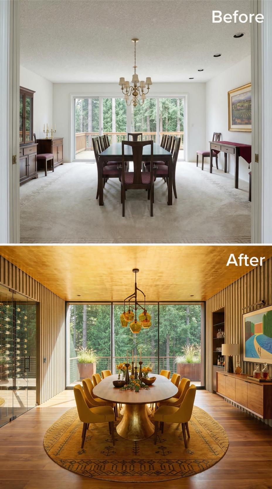 Gold-Lacquered Ceiling and Velvet Ochre Chairs Replace Carpet and a Candelabra Chandelier
