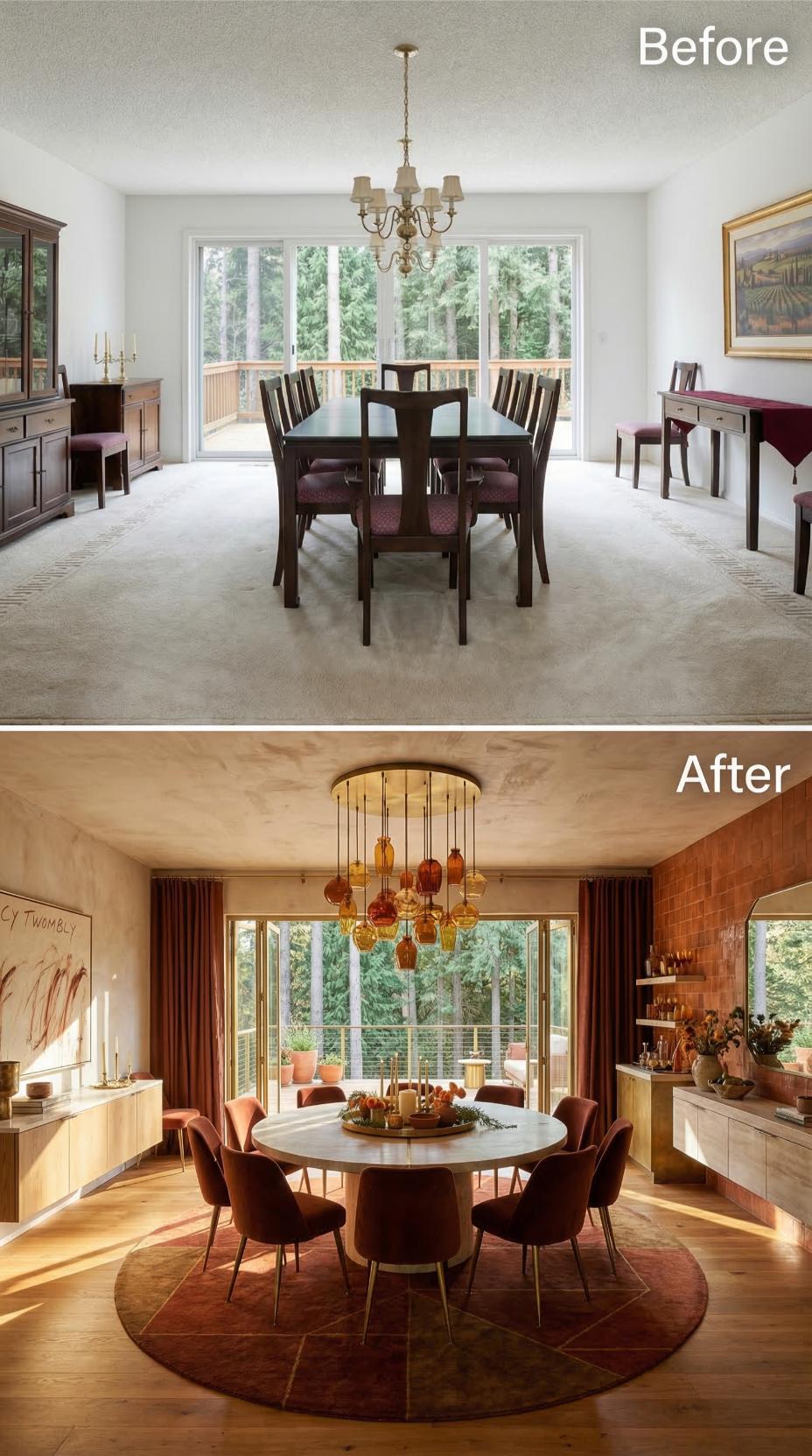 Rust Velvet Chairs and an Amber Glass Chandelier Replace Carpet and a Colonial Dining Set