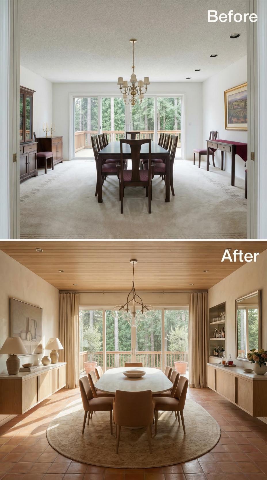 Maple Shiplap Ceiling and Terra Cotta Tile Replace Popcorn Texture and Beige Carpet