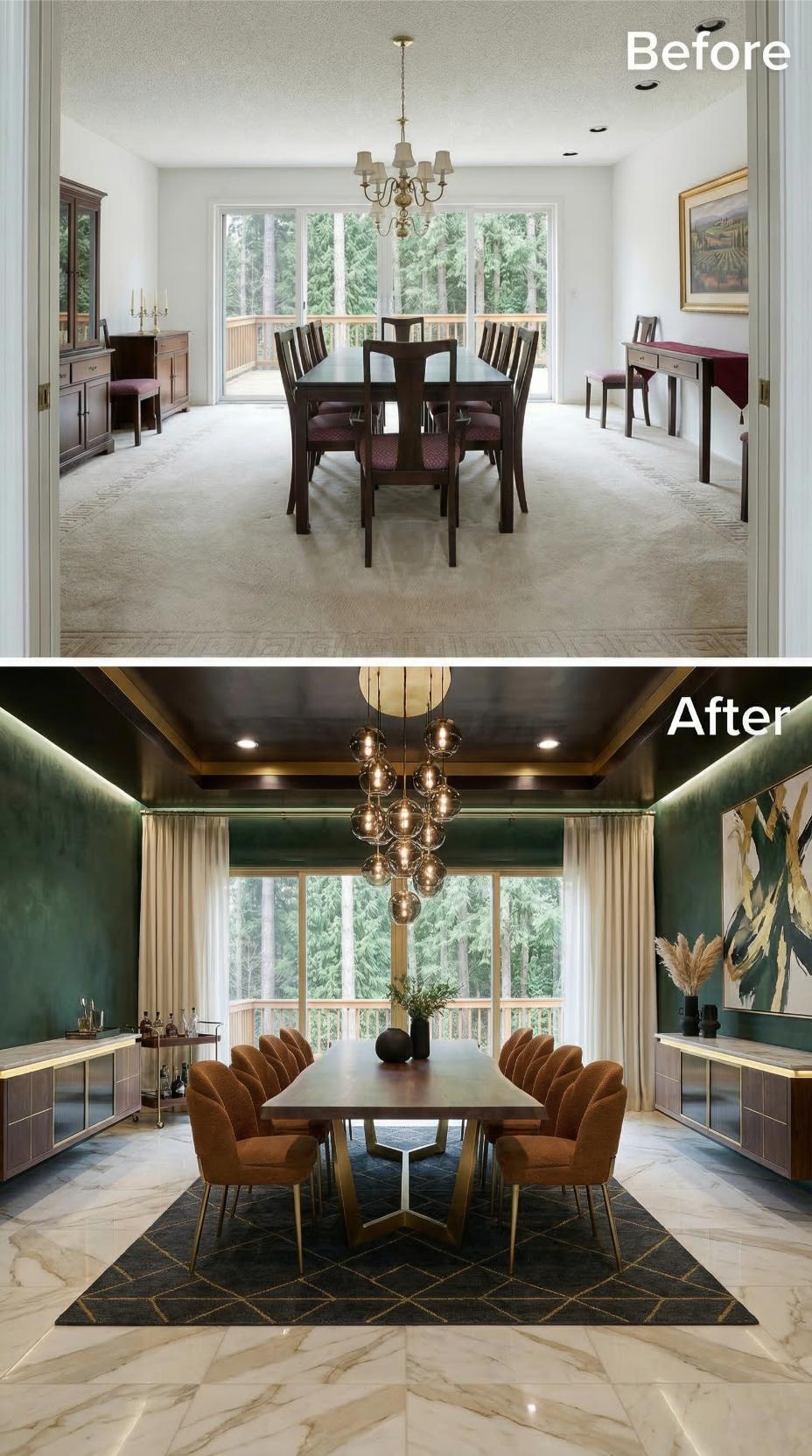 Dark Tray Ceiling and Amber Globe Cluster Replace Carpet and a Colonial Chandelier