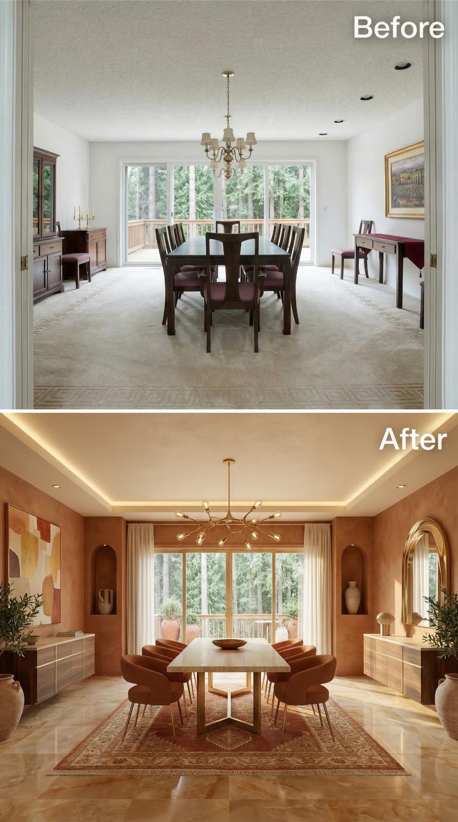 Terracotta Plaster, Arched Niches, and a Sputnik Chandelier Replace Carpet and a Colonial Set