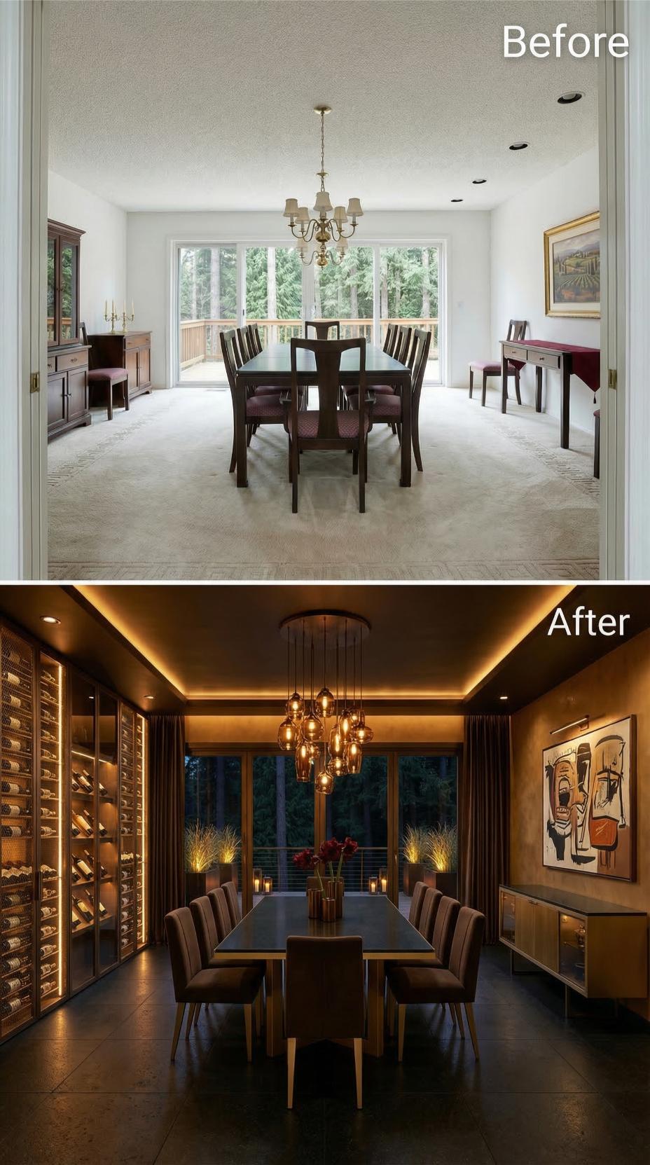 Backlit Wine Walls and a Pendant Cluster Displace Carpet and a Brass Chandelier