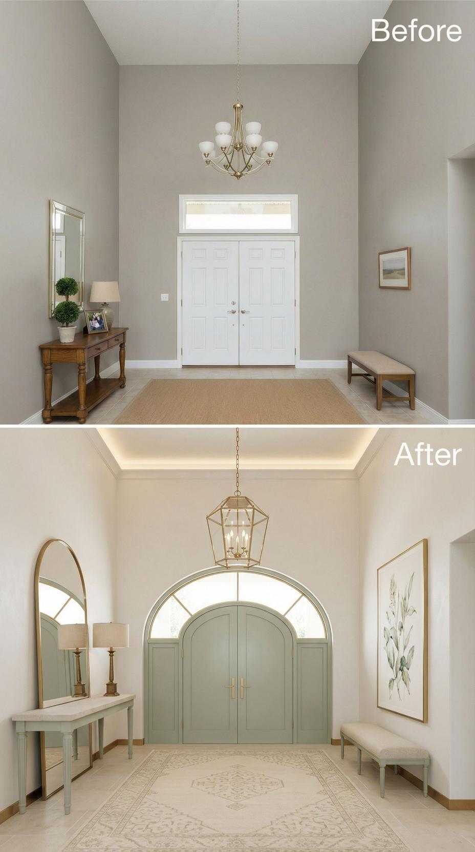 Arched Sage Doors and Lantern Pendant Replace Dated Brass Chandelier