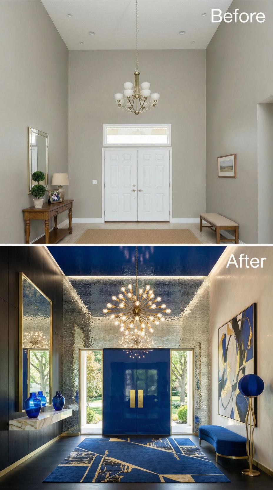 Navy Lacquered Doors and Gold Mosaic Tile Sweep Under Sputnik Chandelier