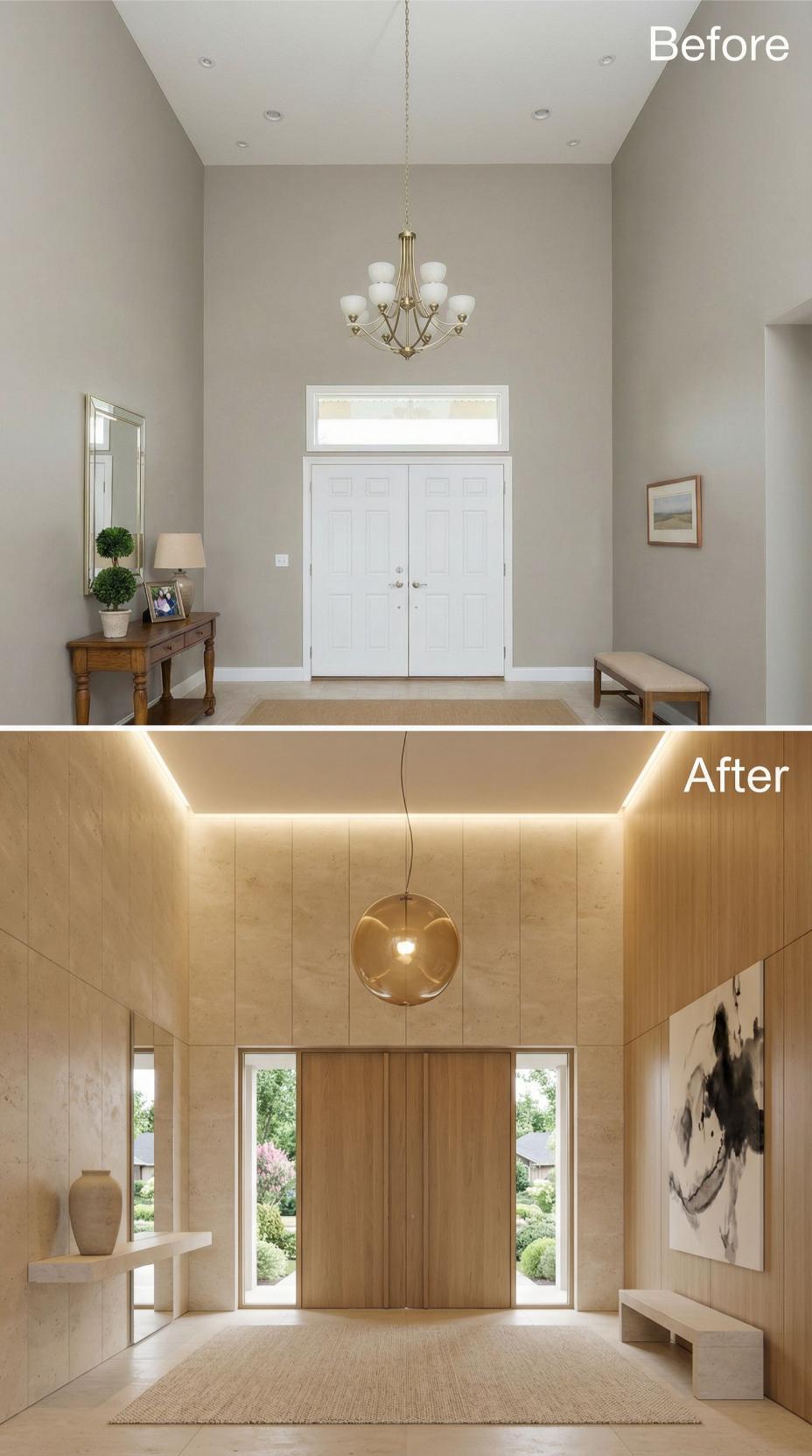 Vertical Wood Paneling and Recessed LED Strip Frame Minimal Glass Pendant